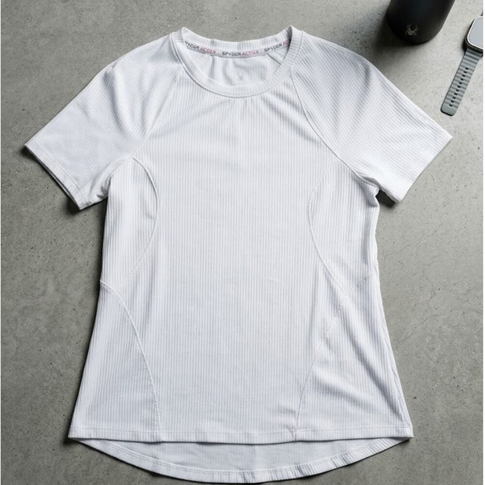 Spyder Active Womens M White Ribbed Athletic Workout T-Shirt Short Sleeve